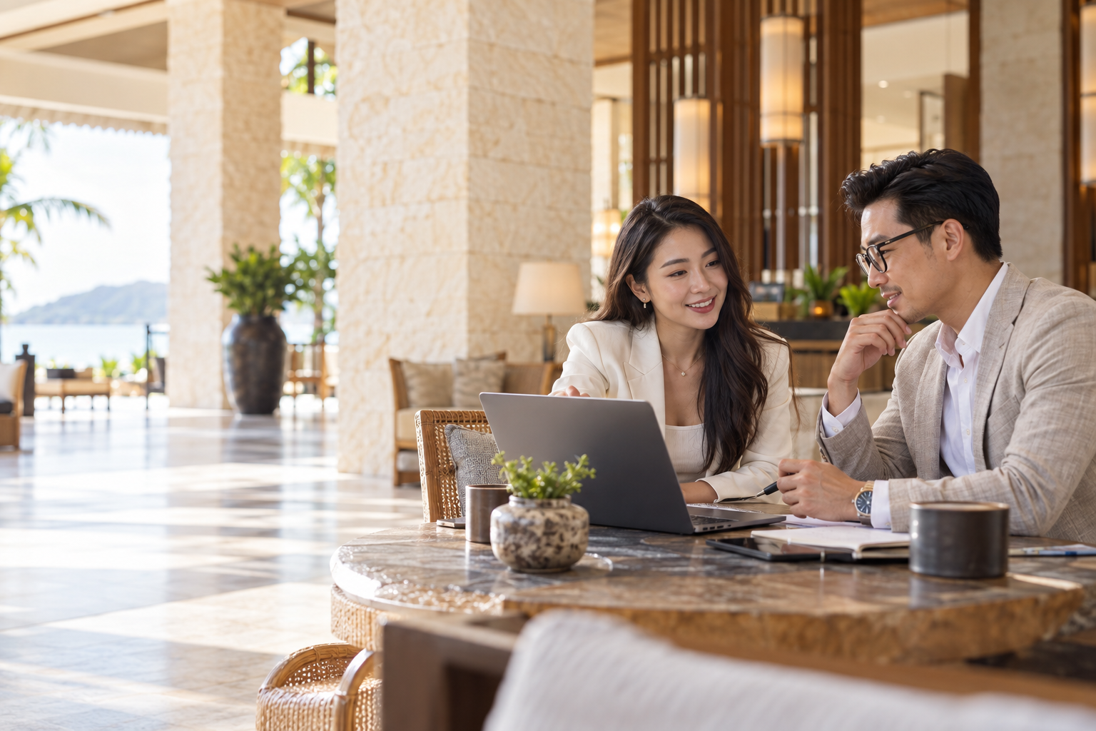 Người l&agrave;m marketing c&ugrave;ng ph&acirc;n t&iacute;ch c&ocirc;ng việc trong kh&ocirc;ng gian kh&aacute;ch sạn
